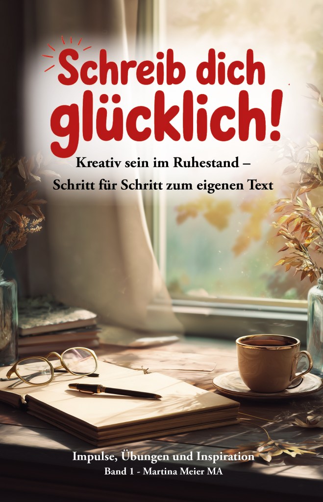 Ein Schreibtisch mit einer Tasse Kaffee, einem Notizbuch, einer Feder und einer Brille. Ein Fenster mit Tageslicht im Hintergrund. Das Buchcover "Schreib dich glücklich!" ist sichtbar.